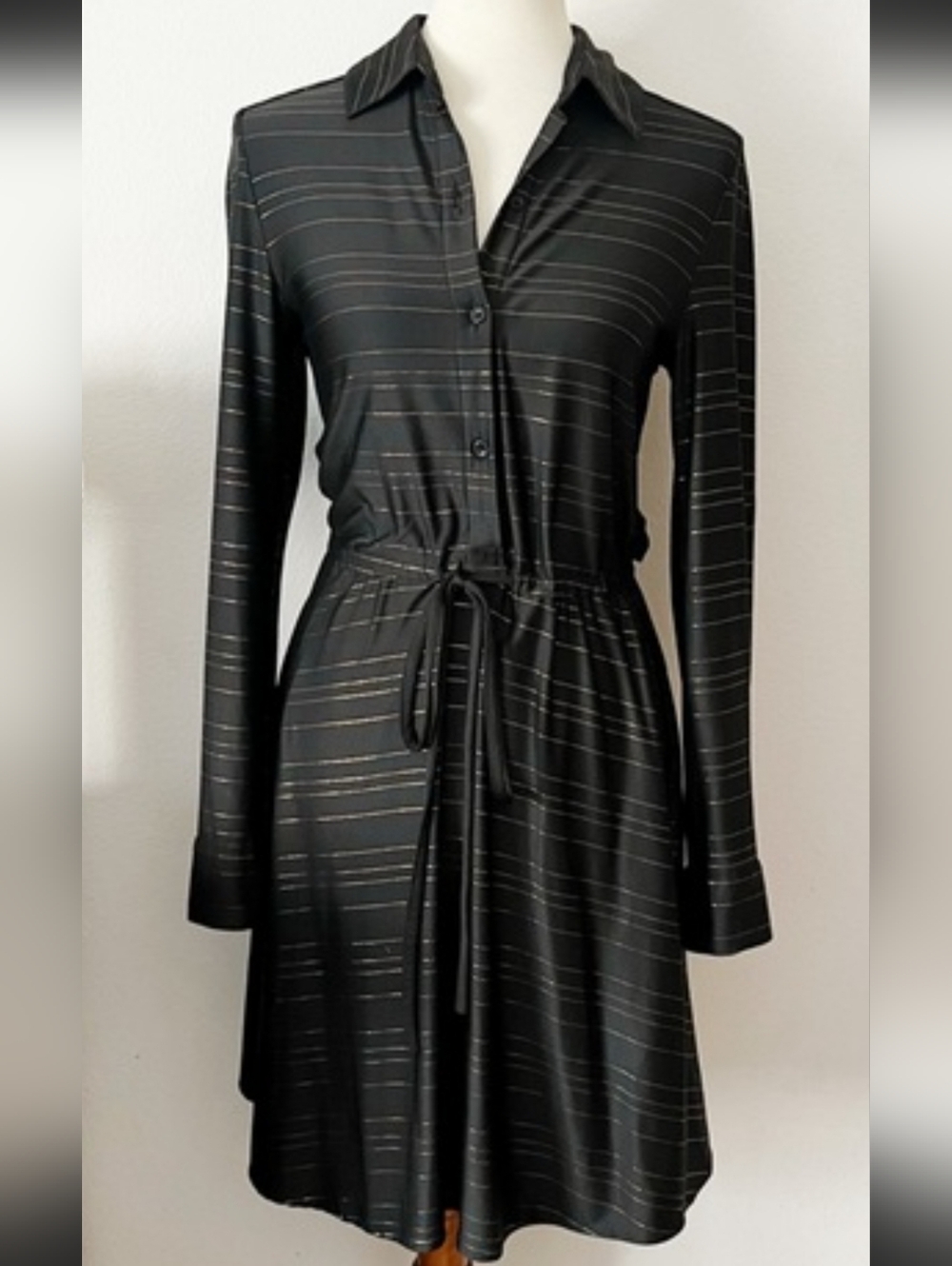 Anthropologie Hutch Womens Black  Dress w/Drawstring Waist Gold Stripe Detail 1X